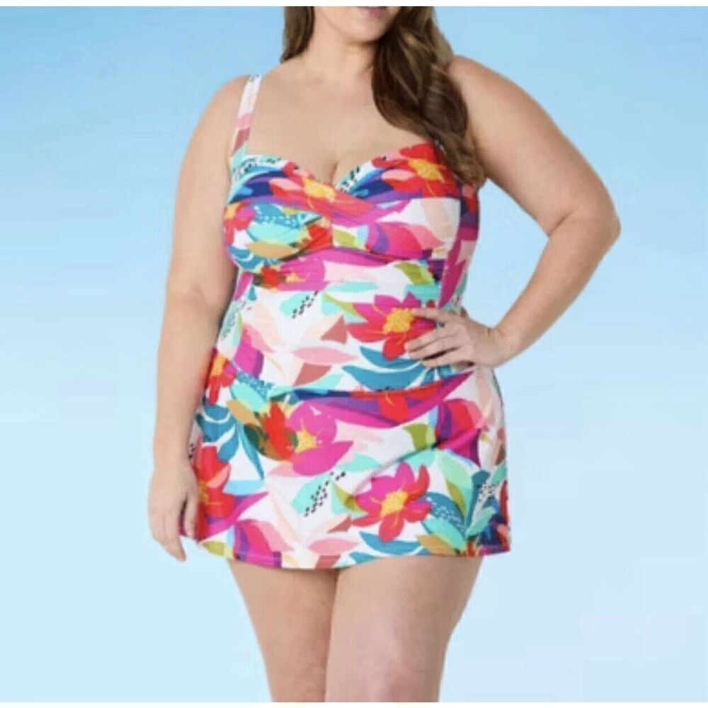 Liz Claiborne Electric Floral One Piece Swimsuit Swim Dress Sizes Plus Size 22 W